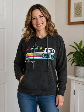 Flamingo "Just Chill " Graphic Hoodie Gray Pullover Sweatshirt - Size M